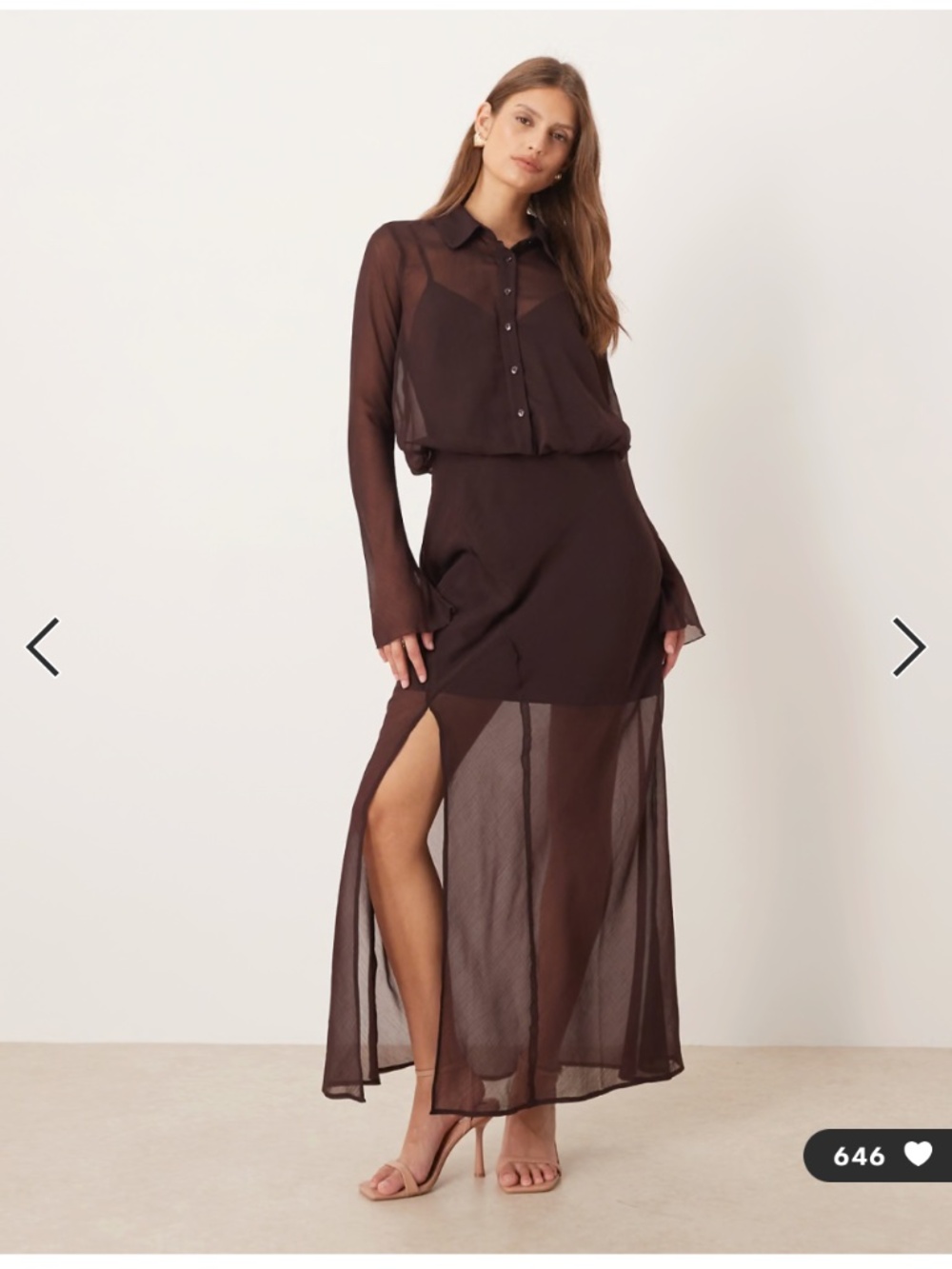 NWT ASOS DESIGN Sheer Chocolate Brown Midi Shirt Dress | Long Sleeve